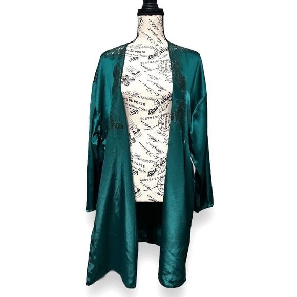 Victoria’s Secret OS Satin Kimono Robe Emerald Green Lace Trim Gold Label VTG - Picture 2 of 14